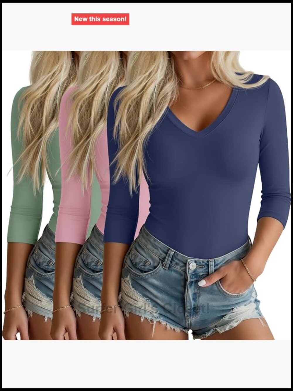 3 Pack Women's 3/4 Sleeve V-Neck T-Shirts Stretch Cotton Blend Lightweight